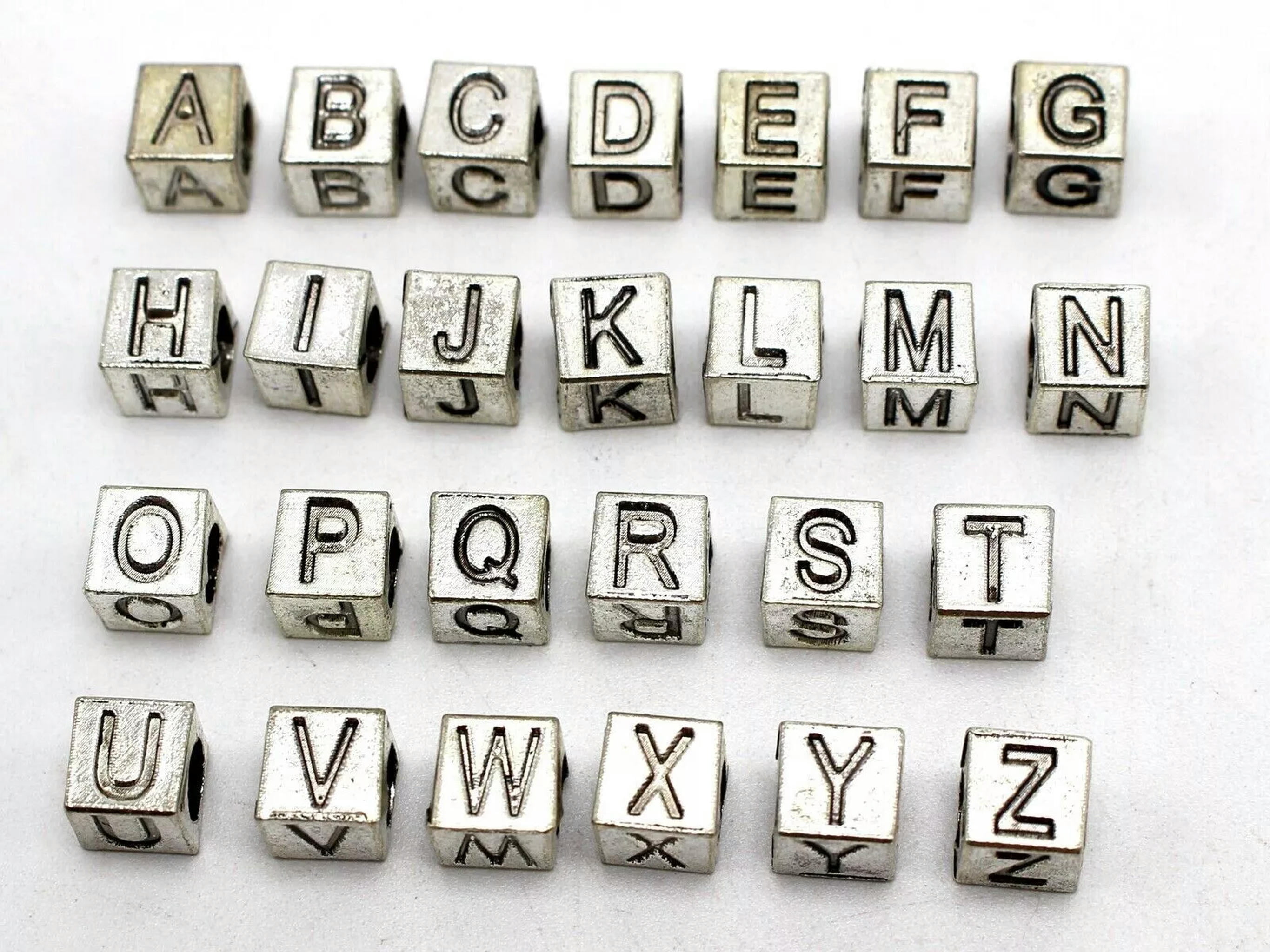 EOEMY 130 Silver Tone Alloy Alphabet Letter "A-Z" Cube Euro Beads 7X7mm Slide Charm