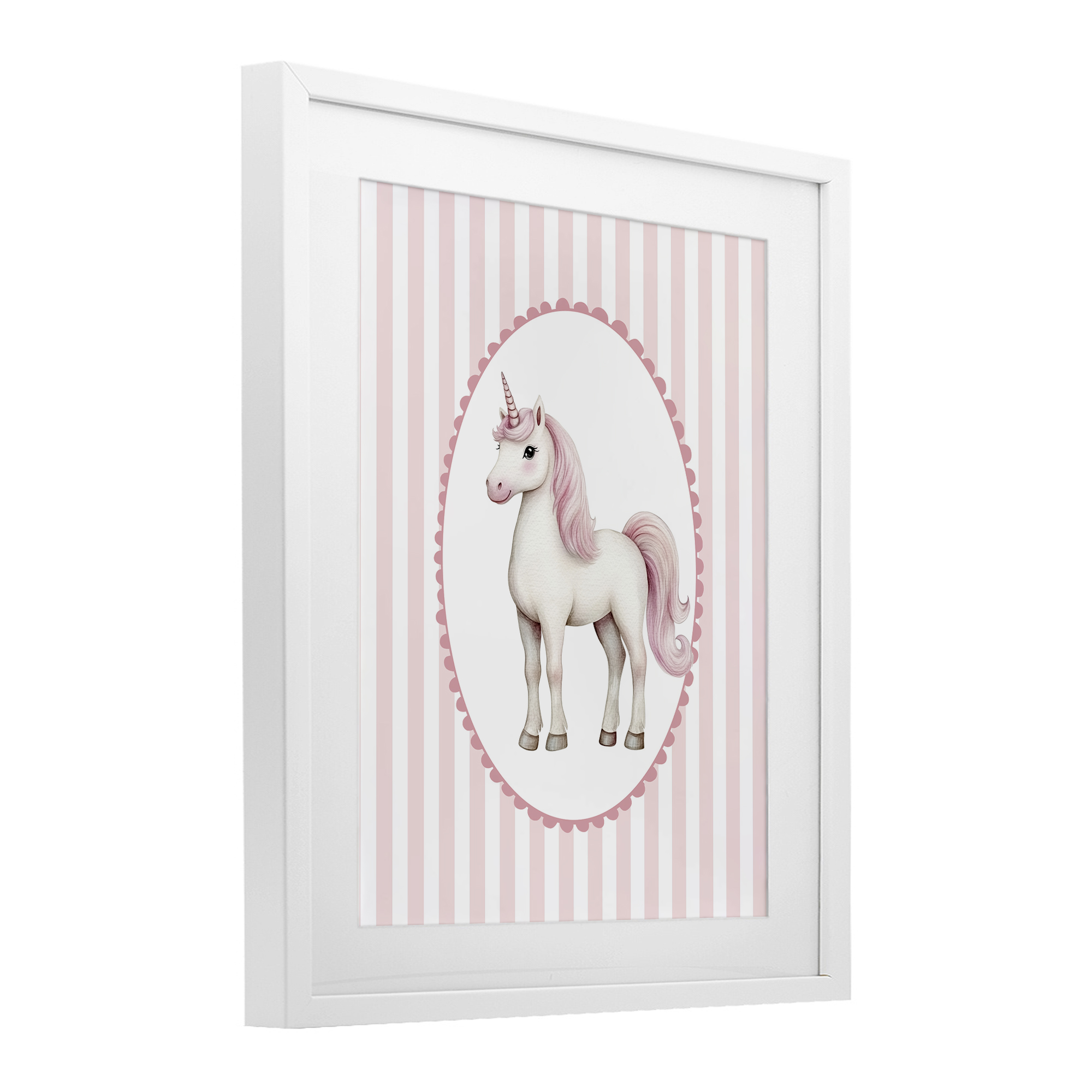 Gentle Unicorn on Pink Stripes White Framed Print Under Glass, design by Christine Simpson Art