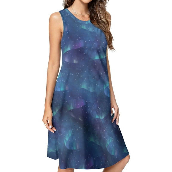 Aurora borealis Art Spring Summer Dresses for Women Fashion T-shirt Dress Casual Sleeveless Loose Sundress with Pockets