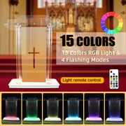 Vakiorn Acrylic Church Pulpit 43 Inch with 4 Wheels 15 Colors RGB Light 4 Flashing Modes Vertical Reading Platform for Classroom Office Clear