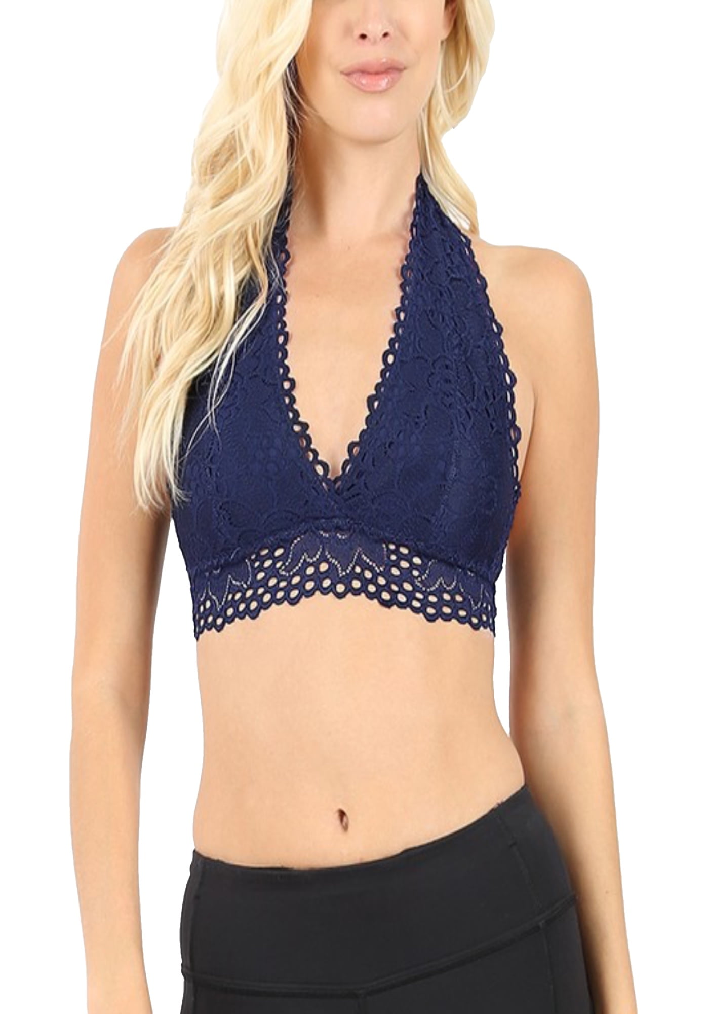 ClothingAve. Women's Lace Halter Stretch Bralette w/ Lining-2 Navy X-Large  