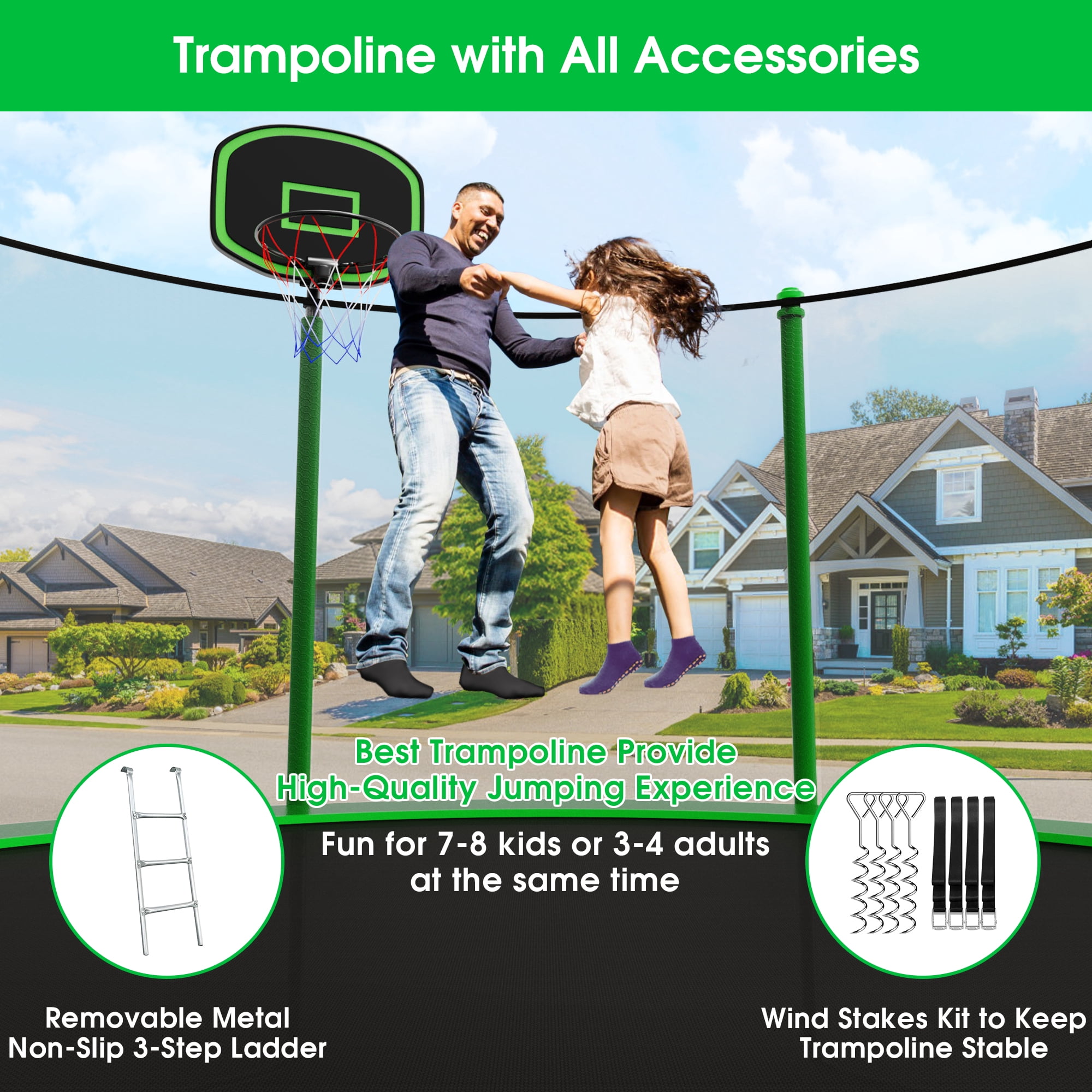XMIKA Trampoline for Kids, 60'' Toddler Trampoline with Enclosure, Swing, Basketball Hoop, 5FT Indoor/Outdoor Trampoline with Adjustable Gymnastics Bars, Rings, Mini Trampoline for Boy and Girls