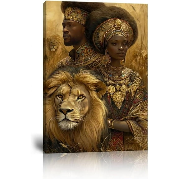 African Queen and King Canvas Wall Art African American Wall Art Prints African Grassland Tribes Lions Painting Artwork Picture for Living Room Bedroom Office Home Decor