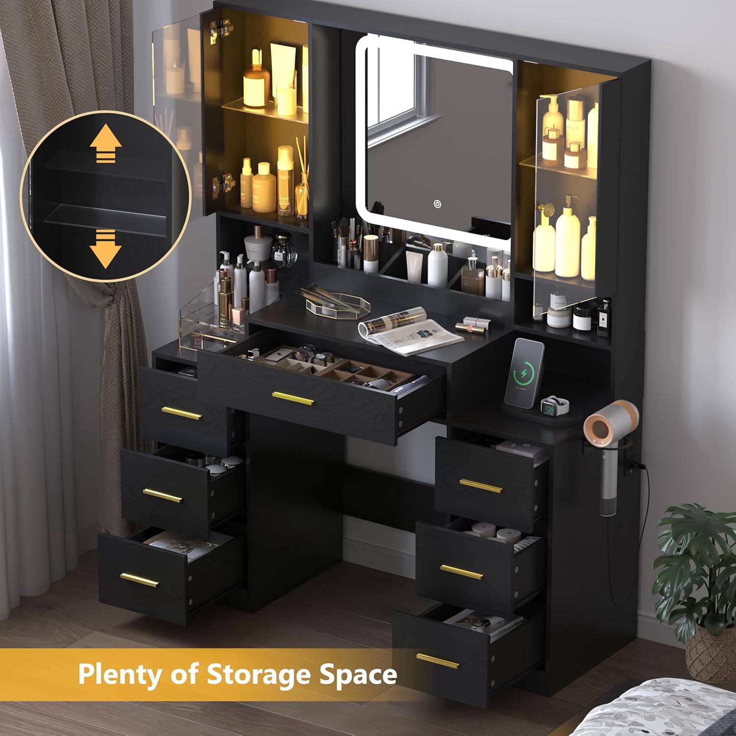 FANRAL Large Vanity Desk with LED Lighted Mirror & RGB Glass Cabinets,Built-in Charging Station & 7 Drawers,Modern Dressing Table for Bedroom Beauty Spaces,Black Vanity