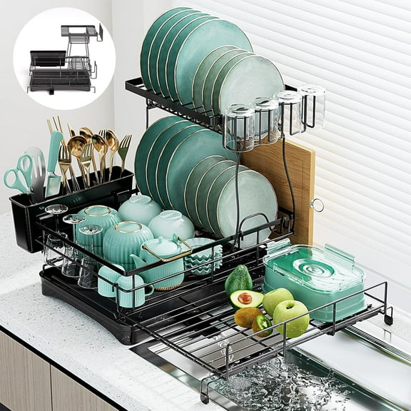 2 Tier Expandable Dish Drying Rack, Large Stainless Steel Dish Drying Rack Drainers for Kitchen Counter, Upgrade Dish Drainer with Utensil Holder, Drainboard & Cups Holder, Anti-Rust & Space Saving