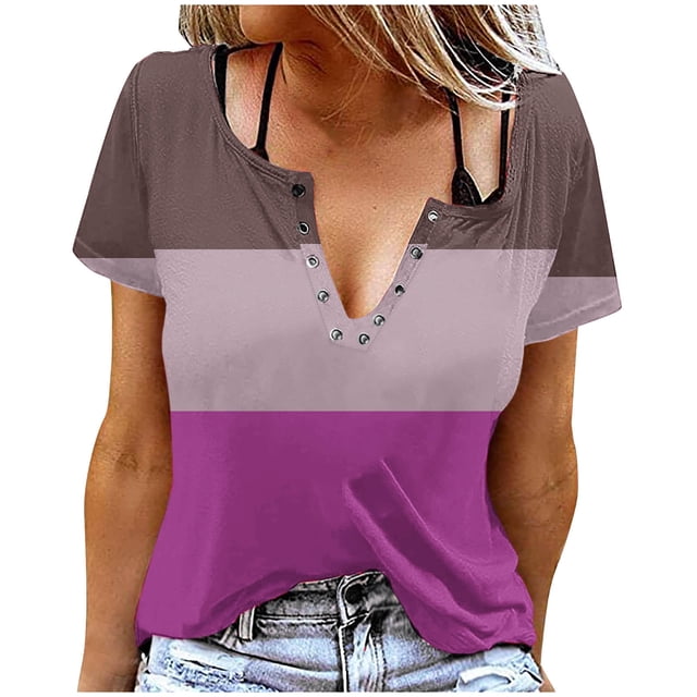 Camisetas de Cuello Redondo Botón de Impresión de la Moda de Manga Corta de las Mujeres, Poliéster Spandex