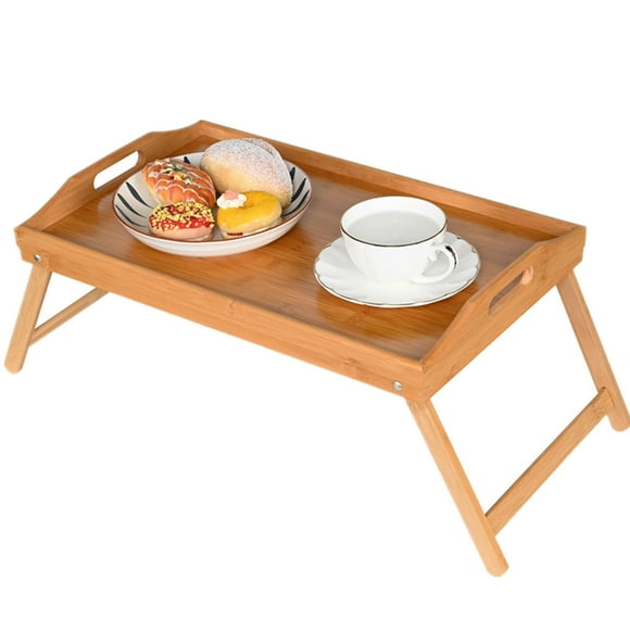 Bamboo Breakfast Bed Tray Table with Handles, Foldable Serving Portable Laptop Snack Tray for Eating and Working