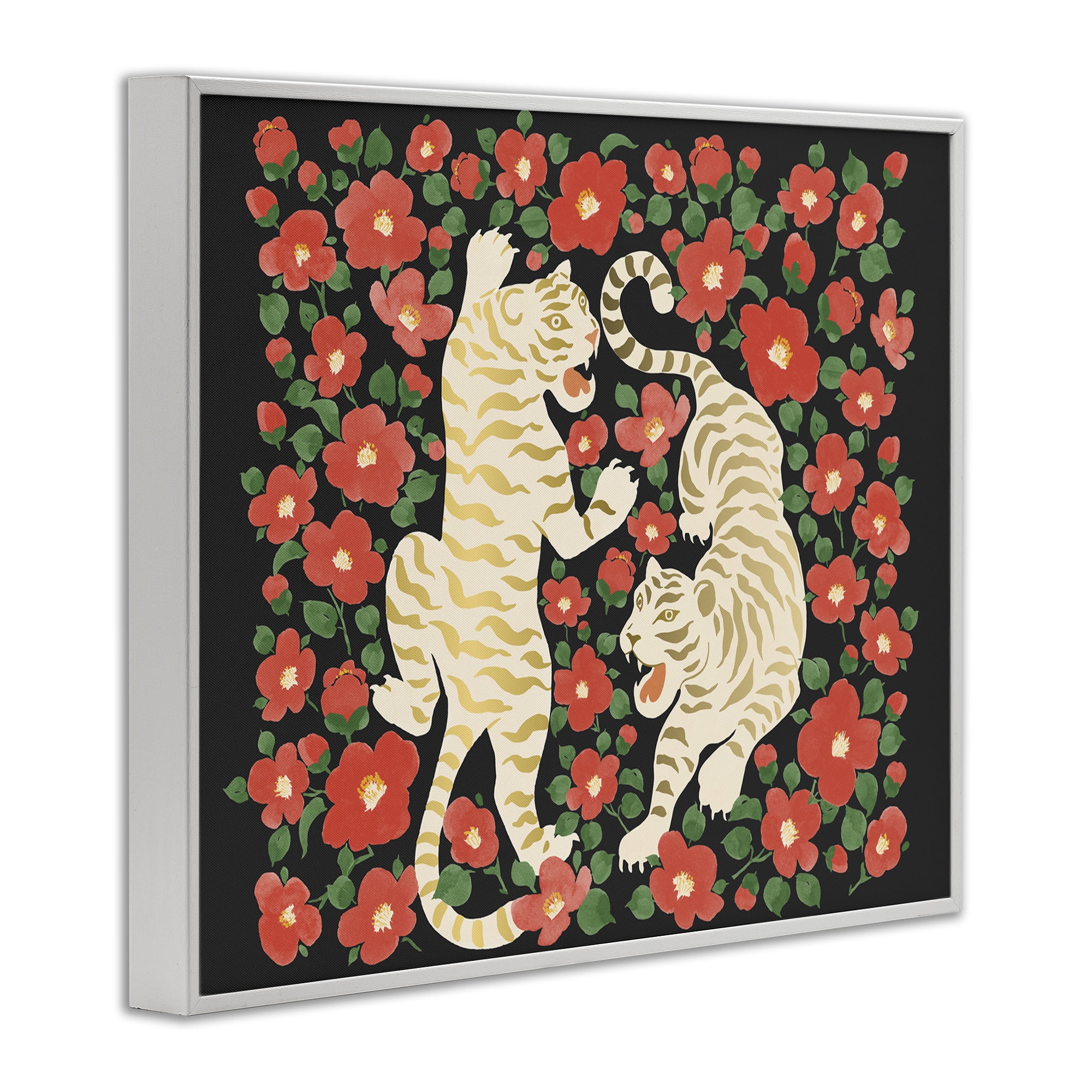 Stupell Industries Ivory Twin Tigers Among Flowers White Framed Giclee Art, design by Karolina Sato