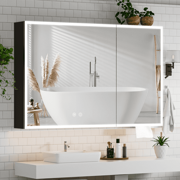 Caulitar 35.4" Bathroom Medicine Cabinet with LED Lighted Mirror Wall-Mounted Bathroom Double Mirrors Door