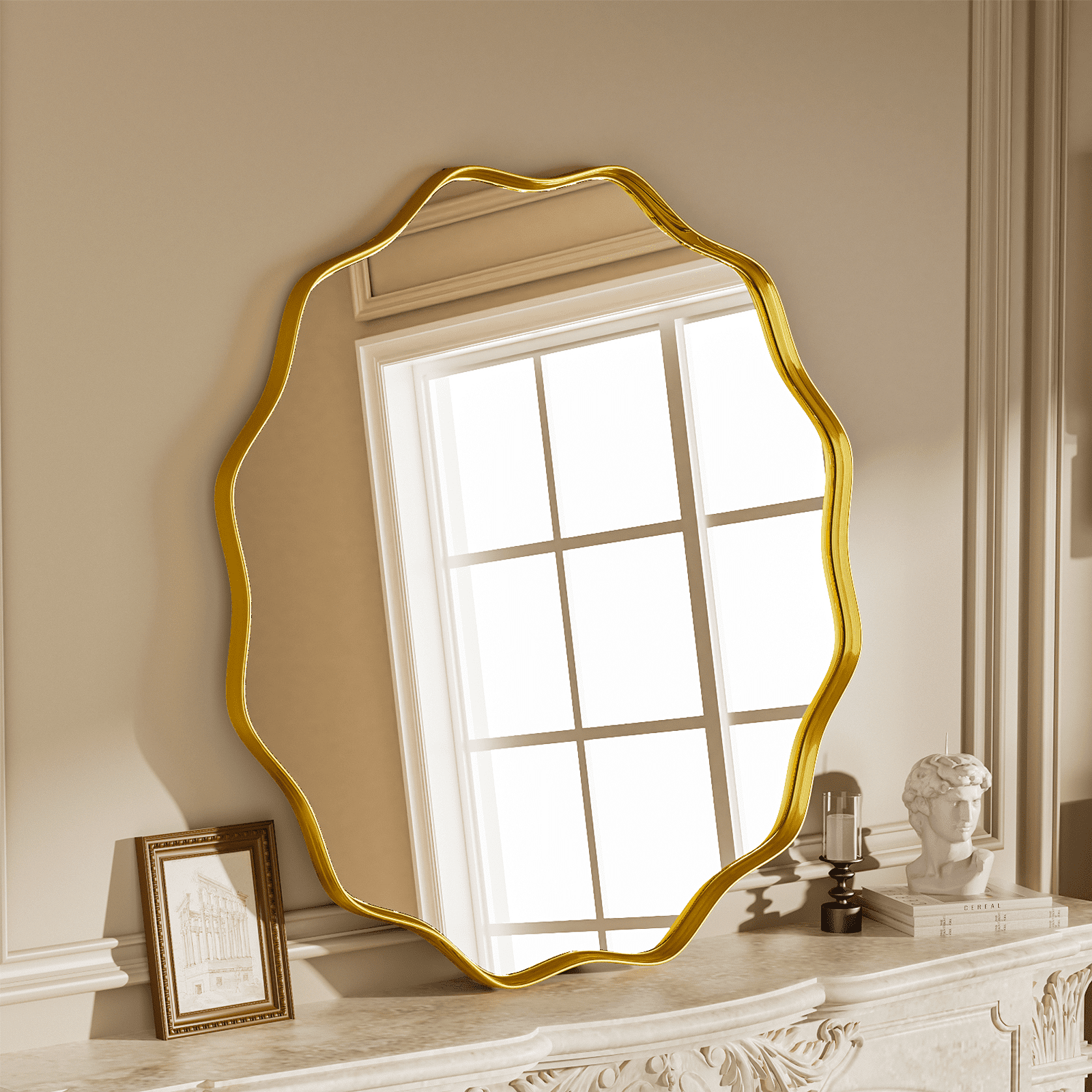 GRAHMCY 24" Wavy Round Bathroom Mirror Decorative Wall Mirror With Deep Frame, Gold