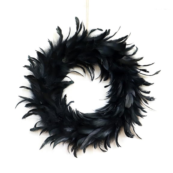 Milue 15.7in Natural Feathers Wreath Front Door Black Feather Wreath Spooky Scene Party Favors for Porch Halloween Decoration
