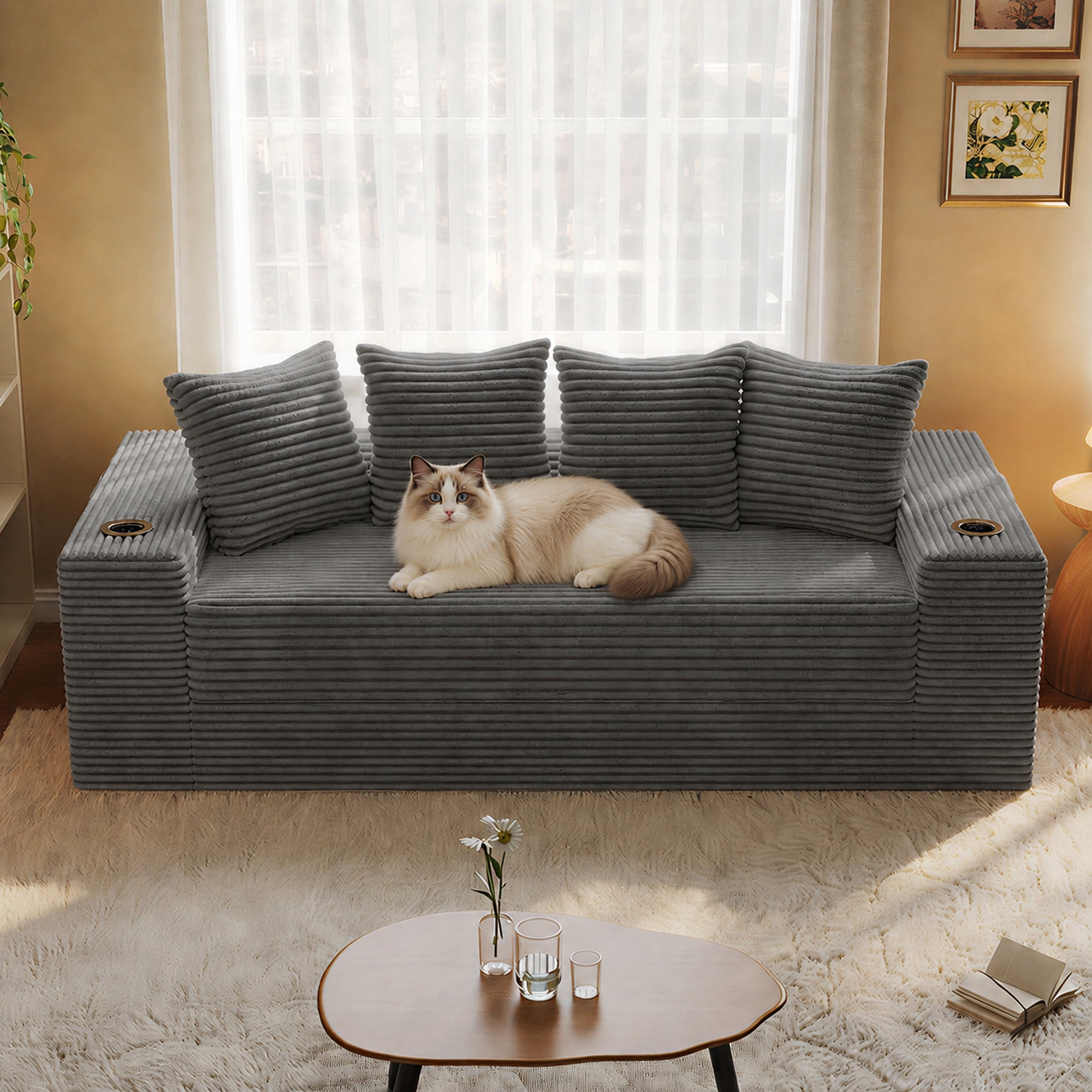 GARITIN Frameless Teddy Couch Bed 77 Inch, Boneless Corduroy Convertible Sofa with Cup Holders and Side Storage for Living Room, Grey