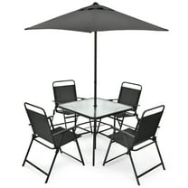 Patiojoy 6-Piece Patio Dinning Sets Garden Table Set Outdoor Folding Chairs & Glass Table Set w/ Umbrella Grey