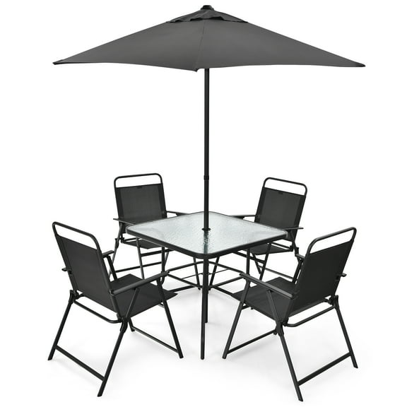 Patiojoy 6-Piece Patio Dinning Sets Garden Table Set Outdoor Folding Chairs & Glass Table Set w/ Umbrella Grey