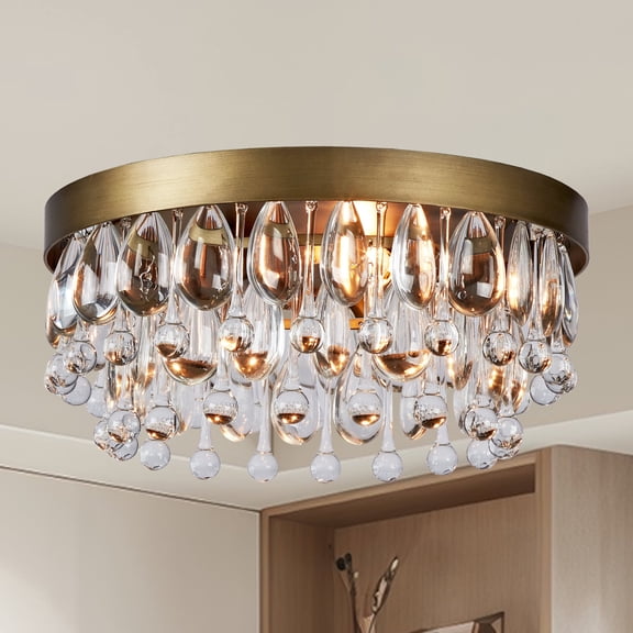 Modern Round Crystal Droplet Ceiling Light, Aged Brass Luxury Close to Ceiling Light, Elegant Ceiling Light, Modern Light Fixture for Living Room, Dining Room, Bedroom