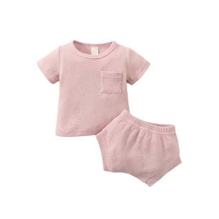 

ZIYIXIN Toddler Baby Boy Girl Clothes Summer Ribbed Knitted Short Sleeve T-Shirt Pocket Top Shorts 2Pcs Casual Set Pink 6-12 Months