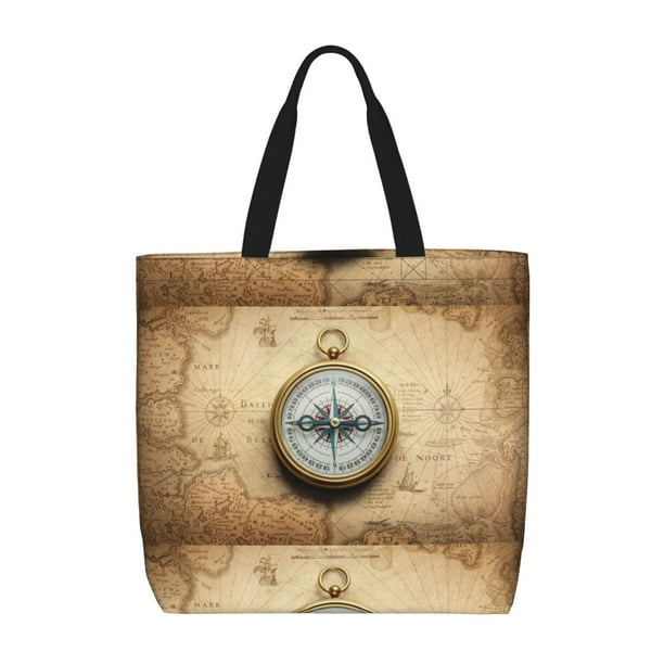 Balery Magnetic Old Compass On World Map Bolsa de Mano para Mujeres con Cremallera, Bolsa de Gimnasio con Compartimentos, Bolsa para Laptop, Bolsa para Trabajo