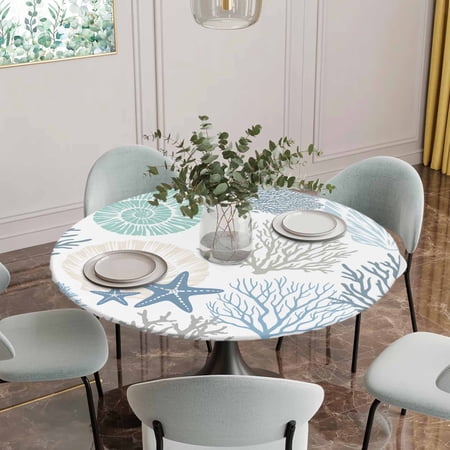 Fitted Tablecloth for Round Table Blue Ocean Shells Coral Table Cover with Elastic Edge Waterproof Table Cloth Conch Starfish Marine Life Circle Table Covers for Kitchen Indoor Outdoor Picnic Party