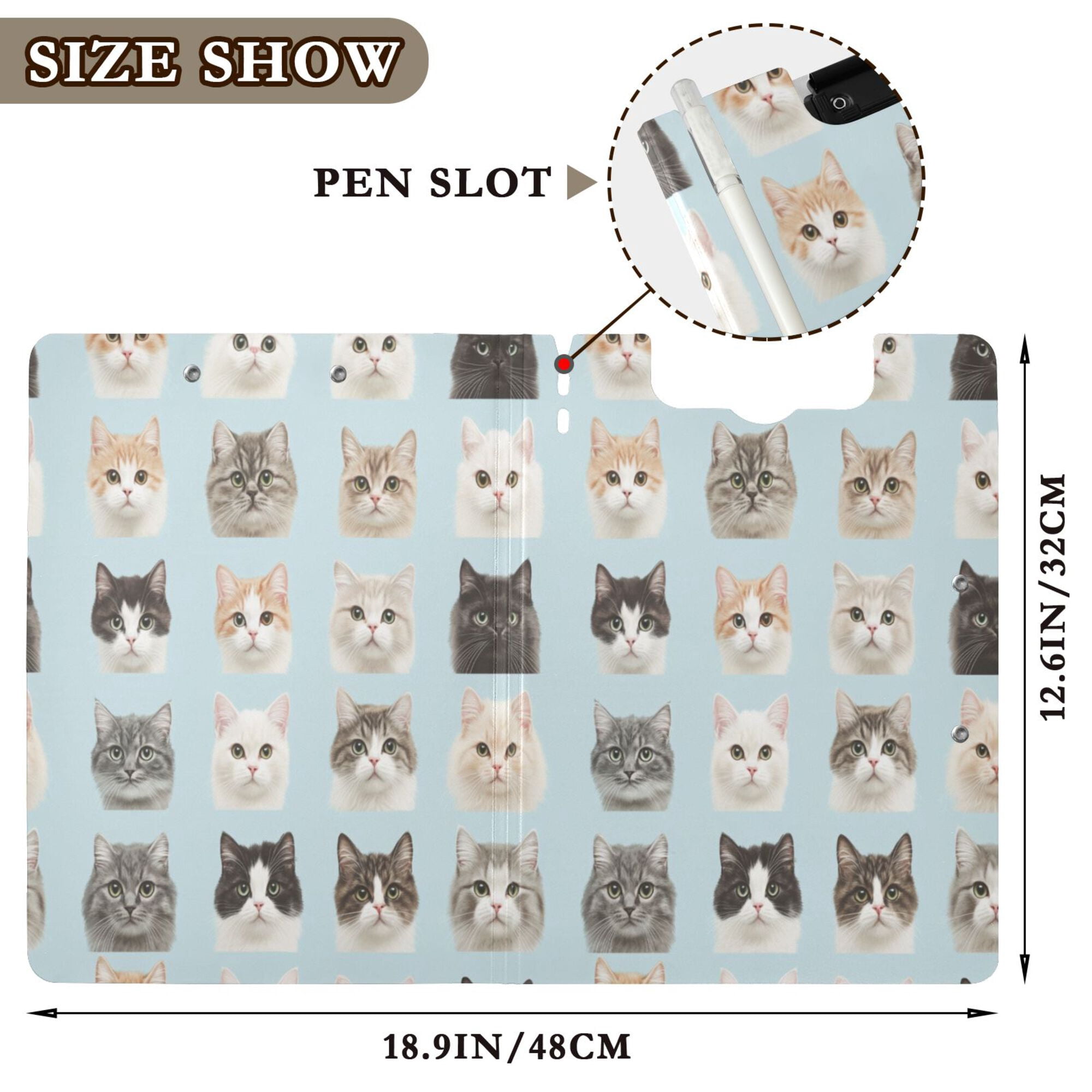FORMRS A4 Clipboard Folder with Pen Holder Horizontal Foldable School Office Binder, Cute Cat Faces