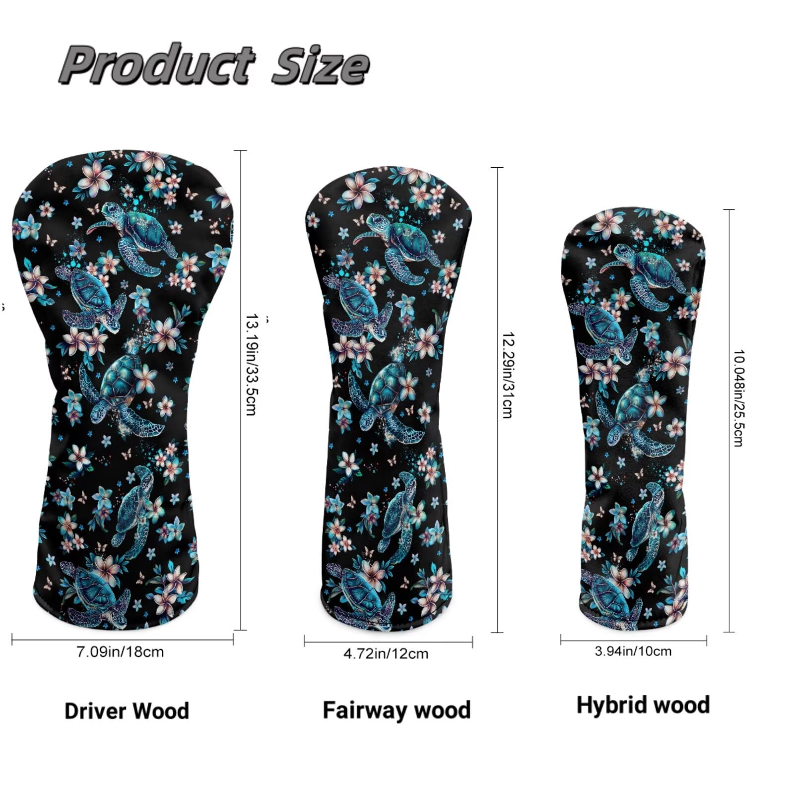 Uorisanigo Golf Club Covers Driver Headcover and Fairway Wood Head Covers Hybrid Headcovers, Lightweight PU Leather Boho Turtle Golf Club Head Cover with Soft Lining, Set of 3