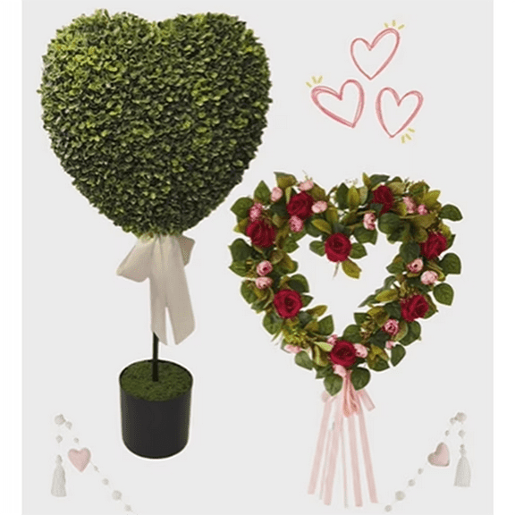 FYHALE 29 inch Valentine’s Day Artificial Boxwood Heart Topiary Tree, Romantic Boxwood Heart with Bow Topiary, Home Patio Decor Potted Plant, for Valentine’s Anniversary Displays