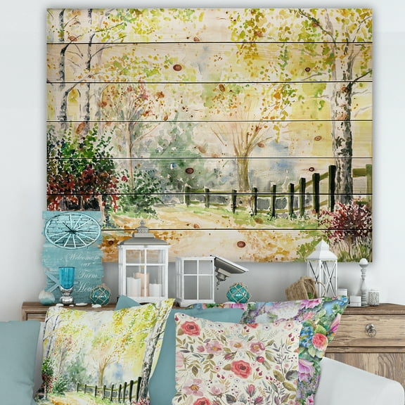 Designart 'Autumn Countryside The Afternoon Landscape' Traditional Print on Natural Pine Wood