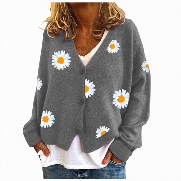 Towmus Cute Sweaters for Women Y2K Floral Print Knit Cardigan Sweaters Long Sleeve V Neck Button Down Sweater Outerwear Tops