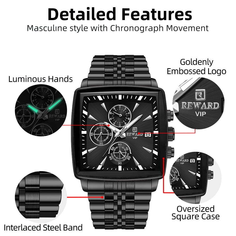 Square Watches for Men Black Stainless Steel Chronograph Fashion Business Watch Luminous Waterproof Casual Wrist Watches