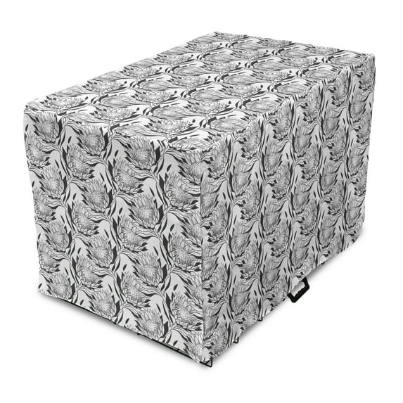 Floral Dog Crate Cover, Monochrome Style Layout of Protea Flower Motifs, Easy to Use Pet Kennel Cover Small Dogs Puppies Kittens, 7 Sizes, Charcoal Grey and White, by Ambesonne