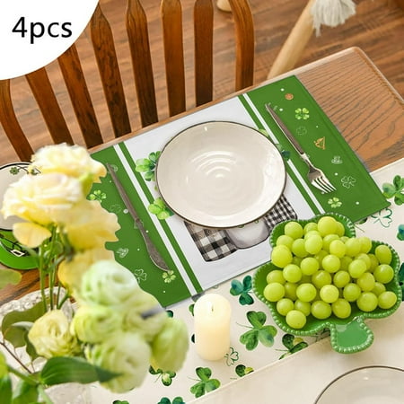 

Hot Sale 4PCS St. Patrick s Day Placemat Green Table Decoration Non Insulated Linen Table Cloth