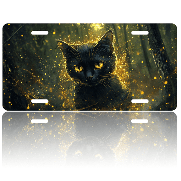1 Pcs 2D Flat License Plate Covers & Frames, Black Cat in a Magical Forest For Decorative Front, Waterproof For Decoration Aluminum License Plate Covers & Frames Cover For Men Women, 12" X 6"