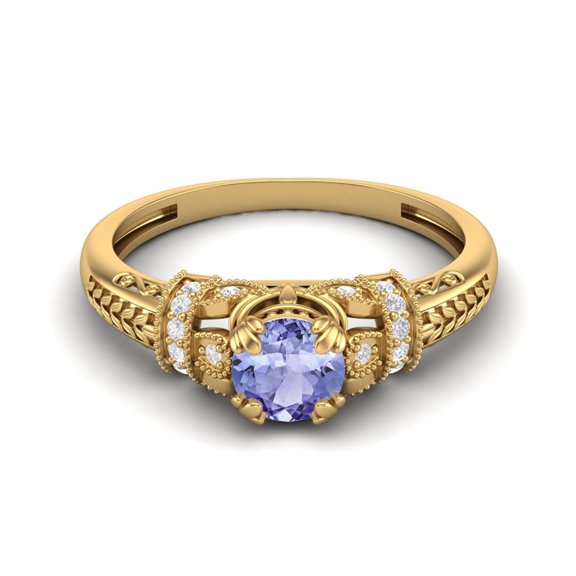 5MM Round Shape Simulated Tanzanite 925 Silver Yellow Plated Blossom Design Women Valentines Day Gifts Ring