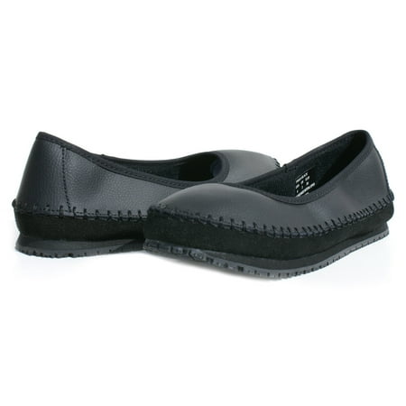 OwnShoe Women's Slip Resistant Leather Flat Shoes Slip On Waitress (Best Shoes For Waitressing Uk)