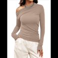 thumbnail image 3 of Blusas de Mujer con Hombros Descubiertos, Elegantes, de Larga, Asimétricas, Ajustadas, para Salir, de Otoño, con Frunces. Camello L, 3 of 8