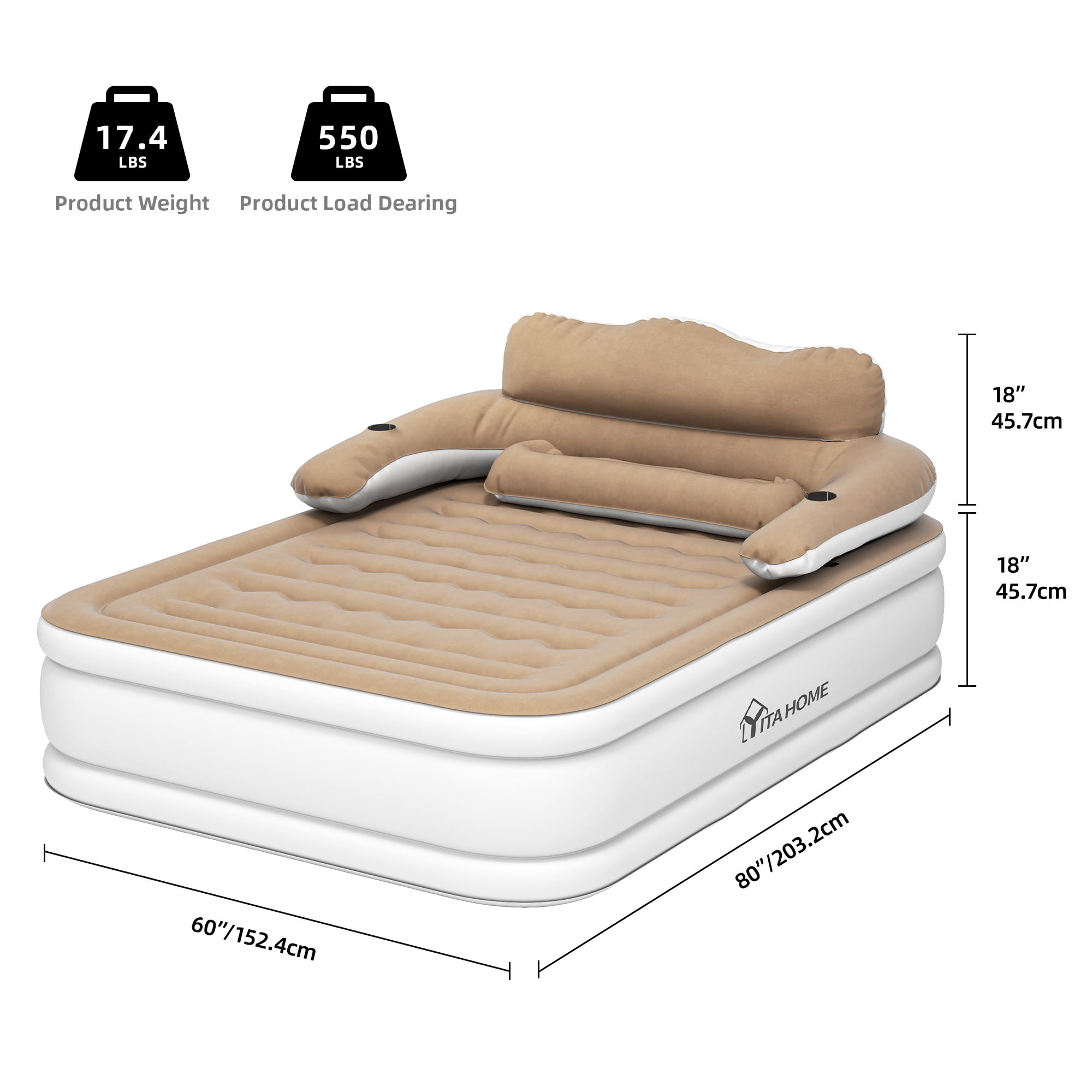 Uforic Queen Air Bed featuring Headboard, 18in Inflatable Mattress with Pillow, Portable Electric Pump, Brown - Ideal Queen Air Mattress for Camping & Home Use