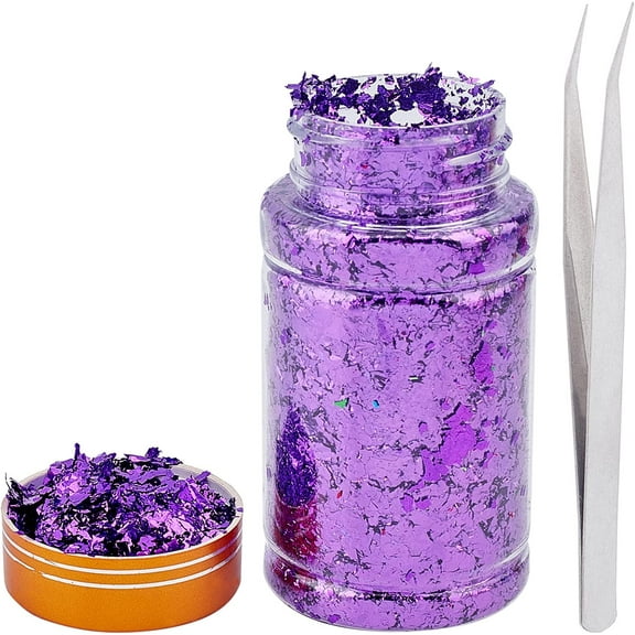 Gold Foil Flakes Metallic Foil Flakes Metal Gold Leaf with Tweezers for Nail Art Painting Crafts Resin Jewelry Making Purple