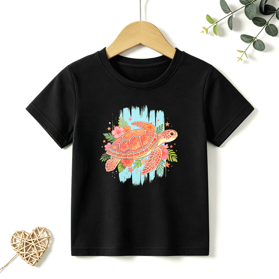 Girls Graphic Tees Sea Turtle Hibiscus Kids T Shirt Tropical Ocean 100% Cotton Short Sleeve Soft Tops 4-13Y