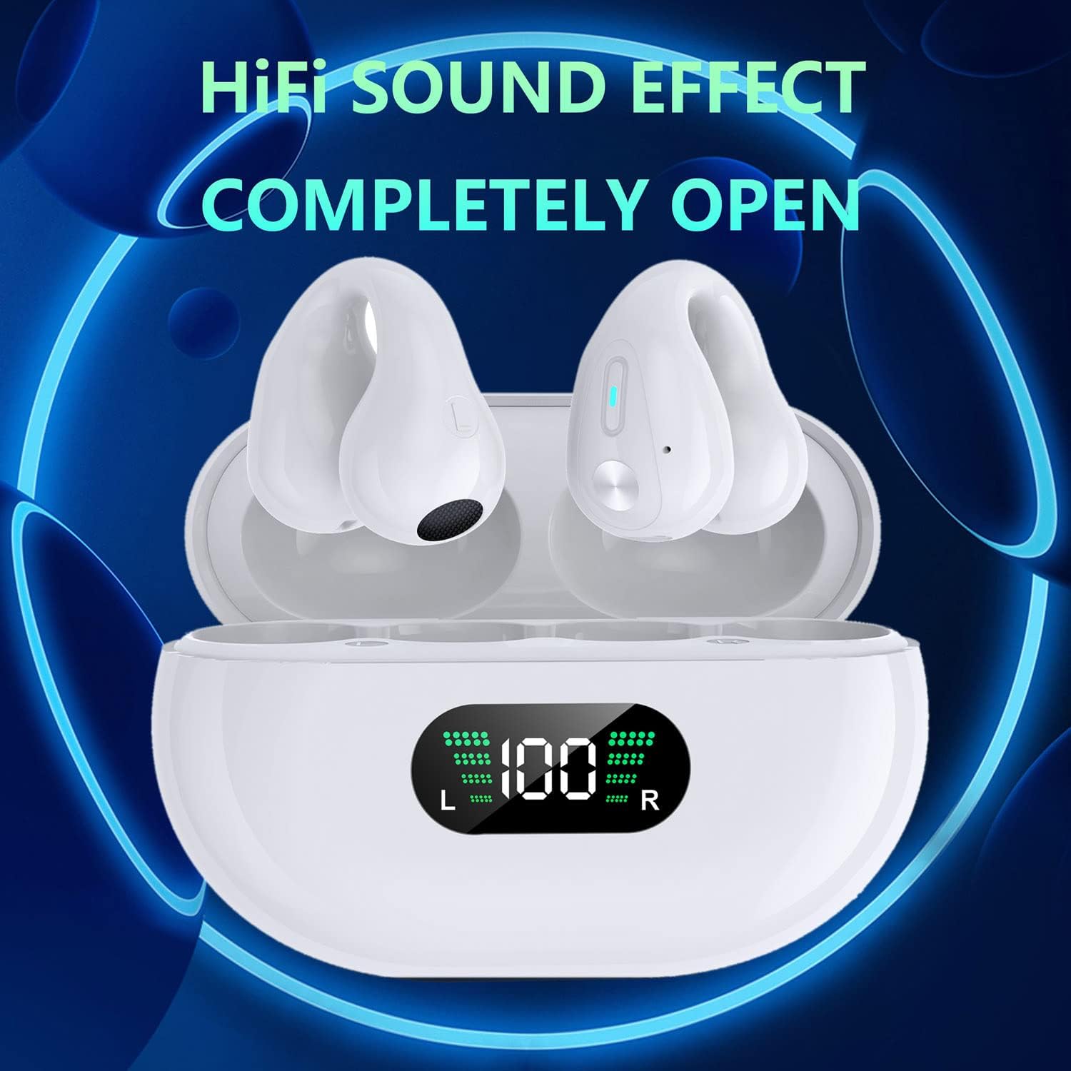 Open Ear Clip Headphones,Wireless Earbuds Bluetooth Sports Bone Conduction Earphones Built-in Mic with Ear Hooks,36H Playtime Charging Case LED Display,Waterproof Fitness Ear Buds for Running,White
