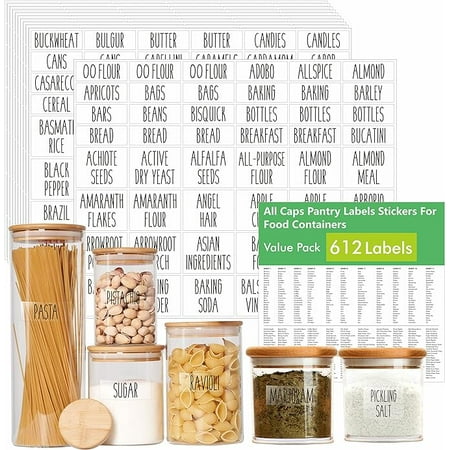 

Hebayy 612 All Caps Minimalist Pantry Food Labels Herb Spice Seasoning Oil Stickers Plus 51 Blank Ones Waterproof Oil & Tear Resistant No Residue Expand Version for Kitchen Containers Jars