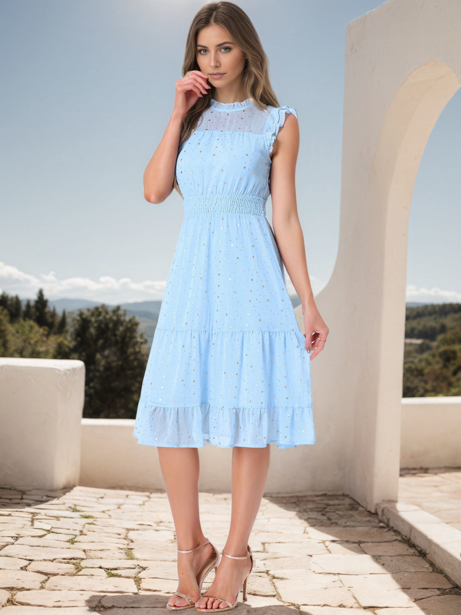 DARING DIVA Women's Gilding Metallic Stars Chiffon Jewel Neck Dresses S Light Blue