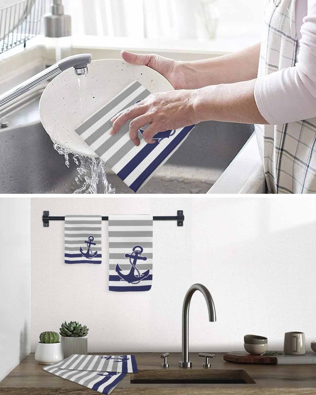 Anchor Gray Kitchen Dish Towels for Drying Dishes Set of 3, Modern Navy Blue White Striped Nautical Waffle Weave Microfiber Hand Tea Bathroom Towels Quick Dry & Absorbent Towel 12x12