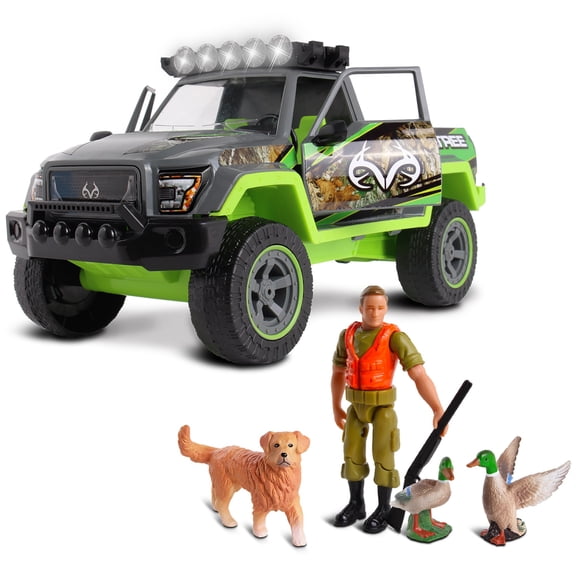 NKOK RealTree 1:18 Scale: Duck Hunting Playset - 6 Piece Friction Powered Lights & Sounds Truck, RealTree Camo, Duck Hunting #21722, Officially Licensed, For Kids Ages 3 