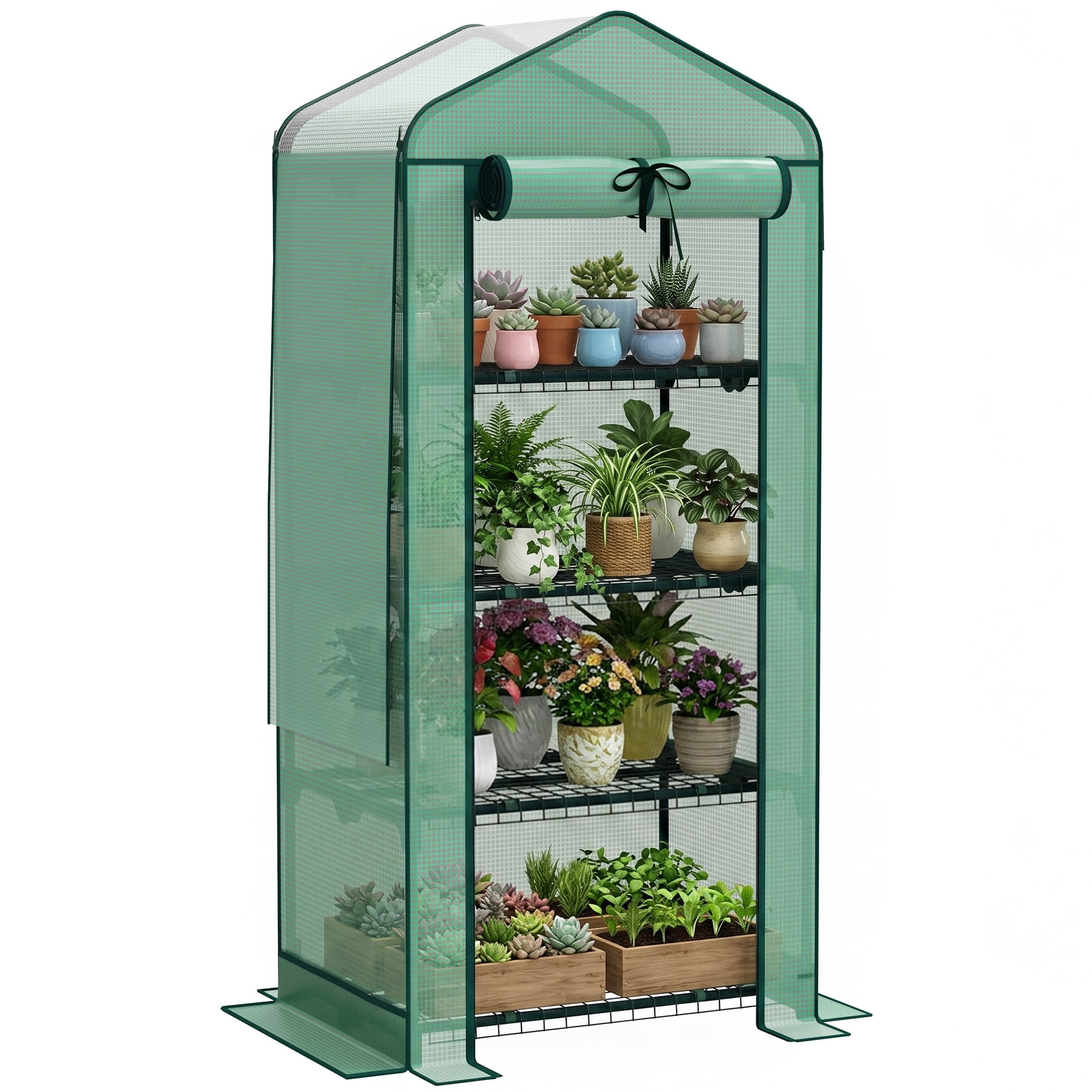 Outsunny 4 Tier Mini Greenhouse with Screen Roof, 27.6" x 19.7" x 62.2", Portable Small Greenhouse with High Strength PE Cover, Green