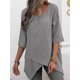 thumbnail image 1 of Blusa con dobladillo Irregular para mujer, camisa informal holgada de lino y algodón, Media manga, cuello redondo, Estilo Vintage, 1 of 5