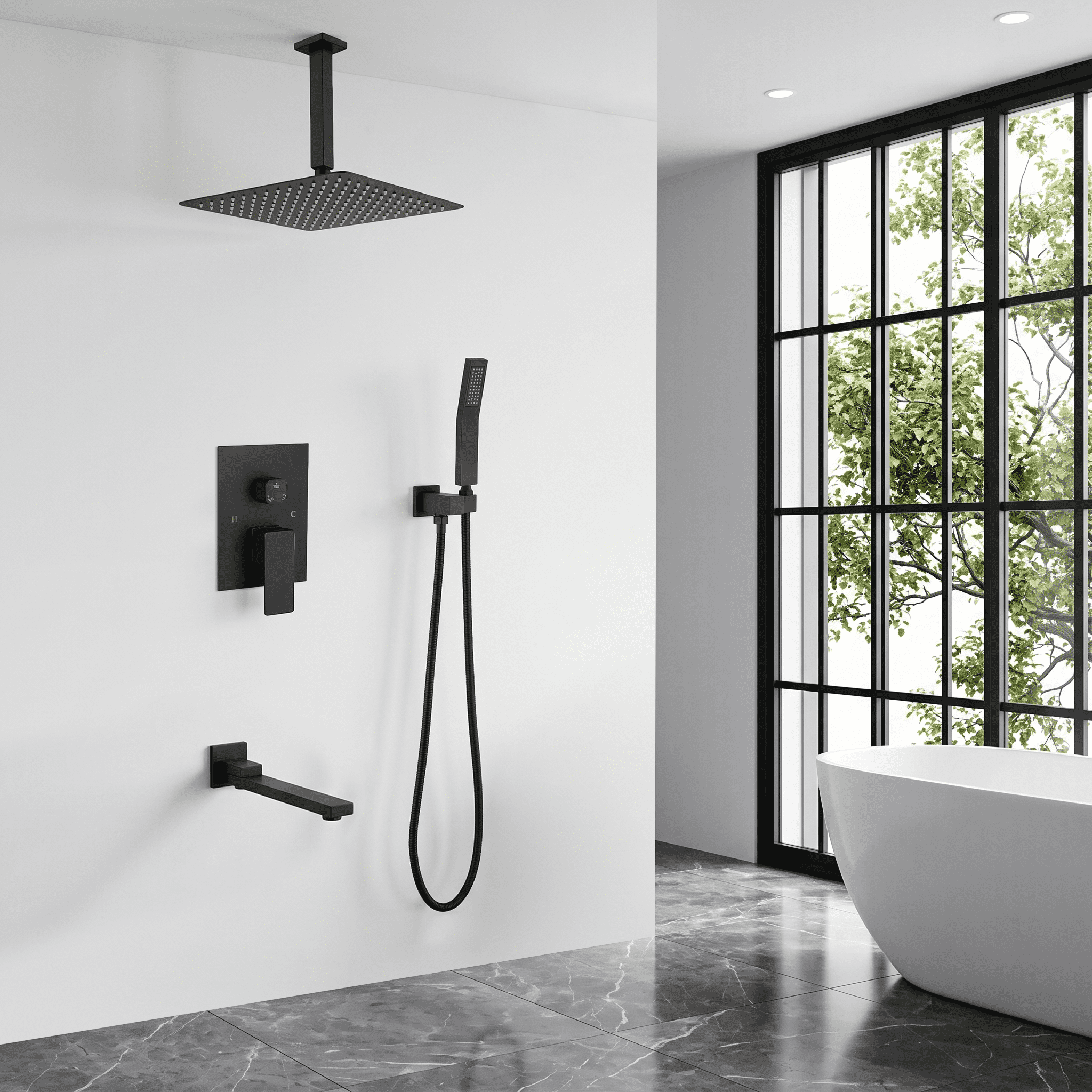 Shower System with Tub Spout, 12 inch Shower Head Shower Set for Bathroom, Matte Black