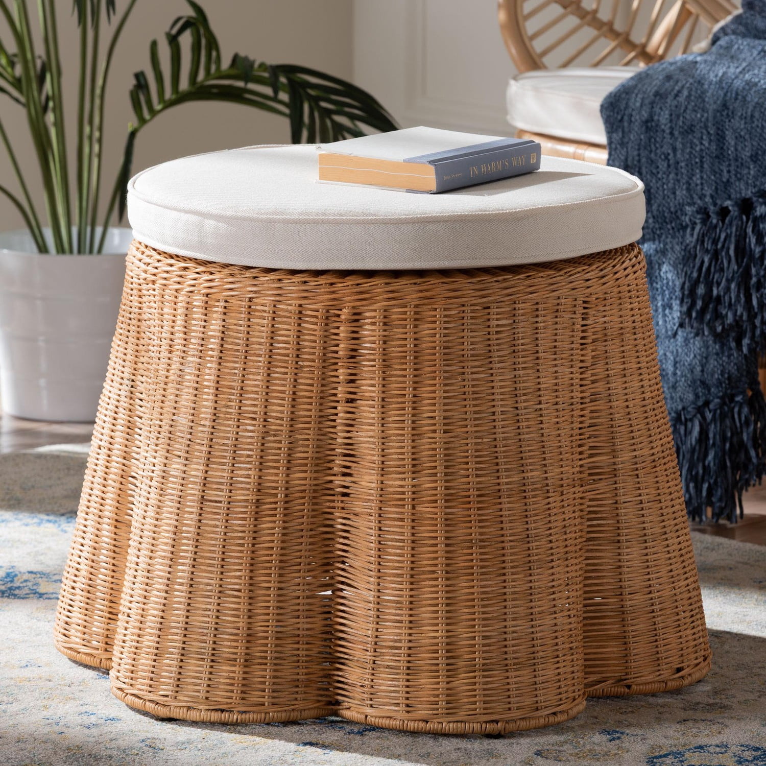 bali & pari Palm Scallop Natural Rattan Ottoman with Cushion