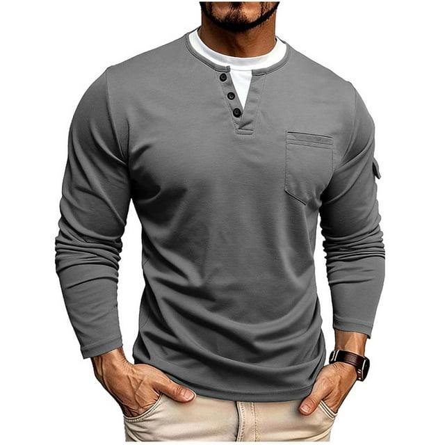 Lovzfmll Men's Solid Color Casual Fake Two-Layer Double V-Neck Button Half Cardigan Long Sleeve Pocket Top for Style Gray, S