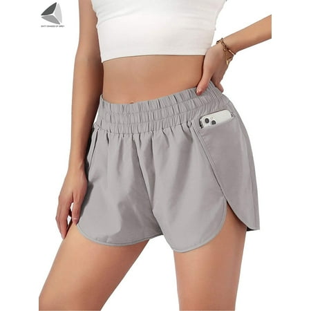 PULLIMORE Women Athletic Running Shorts Built-in Panties High Waisted Workout Running Short with Zipper Pockets (2XL  Gray)