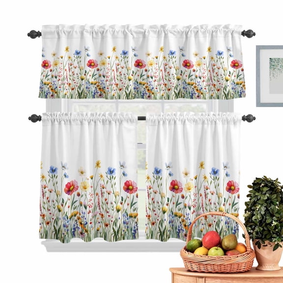 Spring Flower Kitchen Curtains Valances 3 Piece Set, Blue Red Yellow Floral Leaves Natural Rod Pocket Tier Curtain and Valance Drapes for Small Window 36 Inch Length for Bedroom Cafe