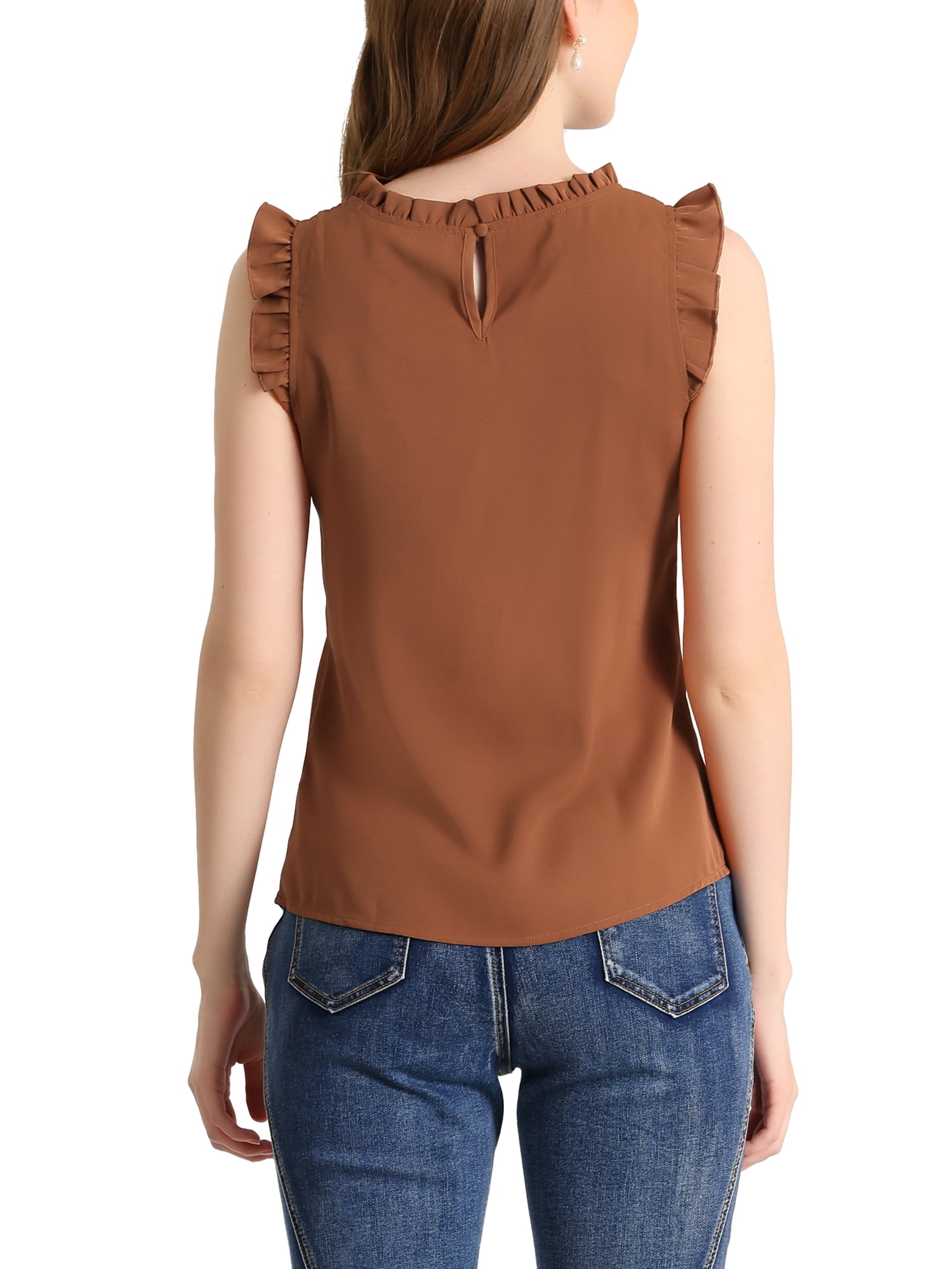 DARING DIVA Women's Ruffled Trim Pleated Plain Blouse Top M Brown